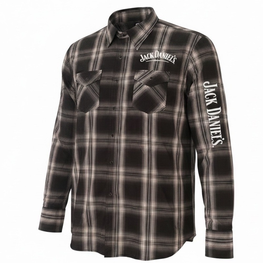 Jack‎ Daniels Pearl Snap Shirt Mens Sz XXL Black Gray Plaid 100% Cotton Rodeo